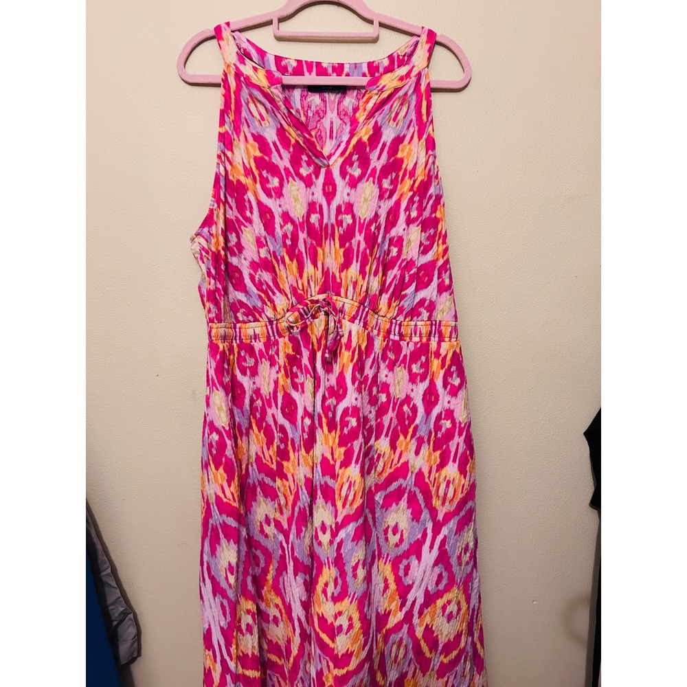 Lane Bryant Maxi Dress Womens 18P Pink Excellent Ikat Drawstring Sleeveless
